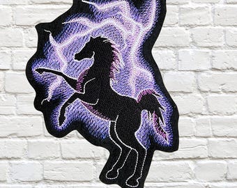 Lightning Bolt Horse Patch Purple Stallion Iron On Embroidery Patch - - Choose Size