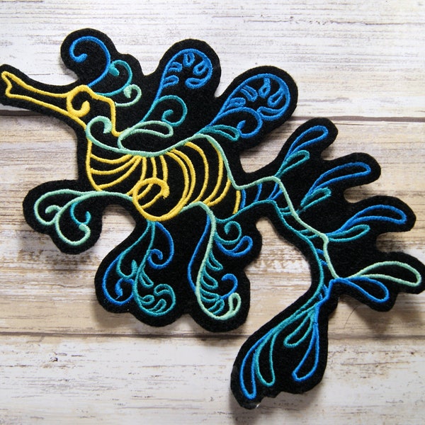 Green Yellow Leafy Seadragon - Wild Spirals - Iron On Embroidery Patch MTCoffinz - Choose Size