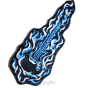 May include: Blue and white embroidered patch of an electric guitar with flames. The guitar is outlined in white and the flames are blue.