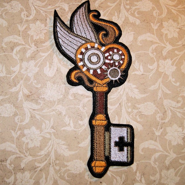 SteamPunk Skeleton Gear Wings Key Iron On Embroidery Patch MTCoffinz - Choose Size