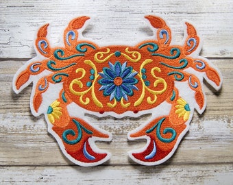 Flower Power Orange Crab - Iron On Embroidery Patch MTCoffinz - Choose Size