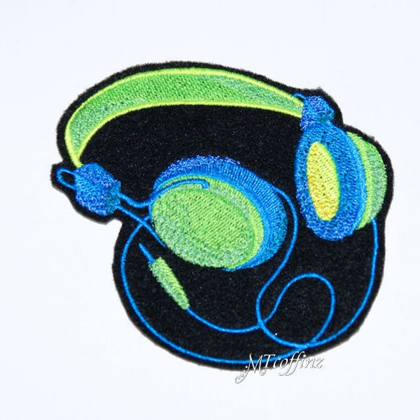 Neon Blue Green Retro Headphones Iron On Embroidery Patch MTCoffinz