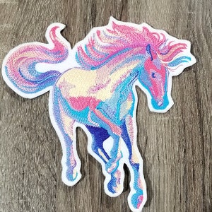 Rainbow Watercolor Wild Stallion Horse Iron On Embroidery Patch MTCoffinz - Choose Size