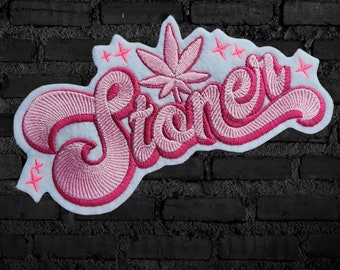 Sample SALE Stoner Patch Pink Weed Pot Leaf Embroidered Marijuana 420 - Iron On Embroidery Patch Ready to Ship LAST ONE