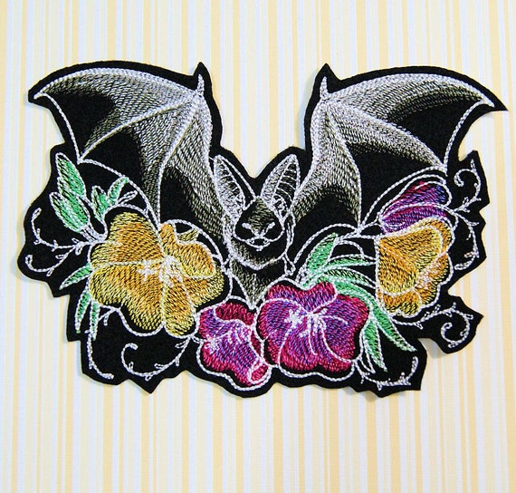 Floral Bat Patch Creepy Cute Bat Midnight Nightmare Bat and Flowers  Iron On Embroidery Patch - Choose size