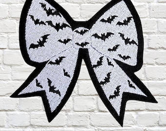 Gothic Bats Bow and Notes Beautiful Music - Iron On Embroidery Patch - Choose Size