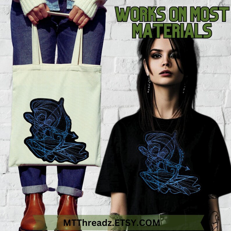 May include: A tote bag and a black t-shirt both feature a blue and black embroidered design of an archer with an arrow. The text "WORKS ON MOST MATERIALS" is displayed above the image. The text "MTTthreadz.ETSY.COM" is displayed below the image.
