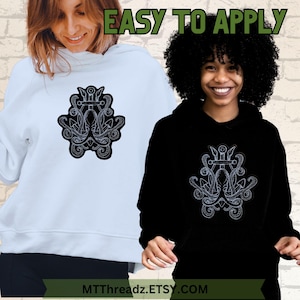 May include: Two hoodies with a black and white octopus and anchor design. The hoodie on the left is light blue and the hoodie on the right is black. The text "EASY TO APPLY" is at the top of the image. The text "MTTThreadz.ETSY.COM" is at the bottom of the image.
