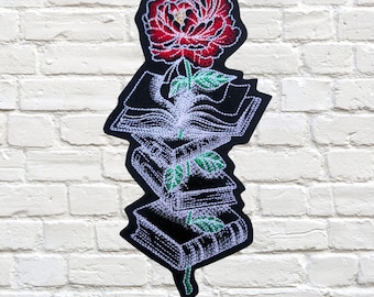 Sample SALE Book Red Rose Embroidery Patch Reading Adventure Iron On Literary Embroidered Patch  Book Peony Patch - Ready to Ship LAST ONE