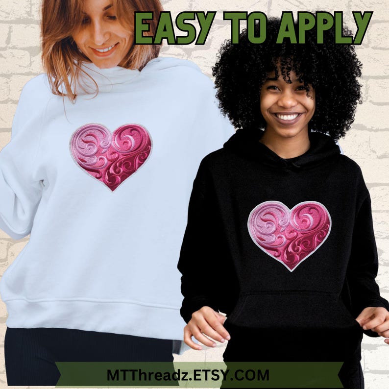 May include: Two people wearing hoodies with a pink and white heart design embroidered on the front. The text "EASY TO APPLY" is at the top of the image. The text "MTTThreadz.ETSY.COM" is at the bottom of the image.