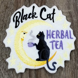 Black Cat Herbal Tea Moon Iron On Embroidery Patch MTCoffinz - Choose Size