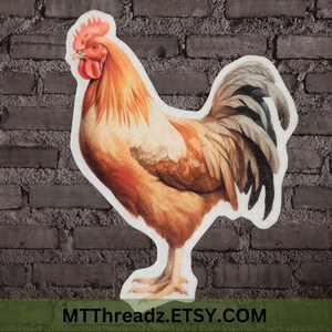 May include: A detailed illustration of a rooster with a red comb and wattles, brown and white feathers, and a long, flowing tail. The rooster is standing on a brick wall background.