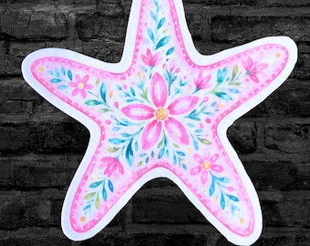 Pink Floral Starfish Pink Girly Summer - Iron On Fabric Patch - Choose Size