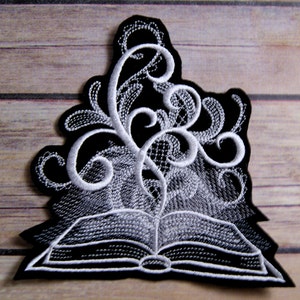 Fantasy Book Patch Ghost Book of Shadows Gift for Reader White Baroque Iron On Embroidery Patch - Choose Size