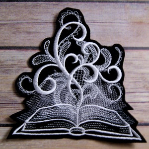 Ghost Book of Shadows White Baroque Iron On Embroidery Patch MTCoffinz - Choose Size