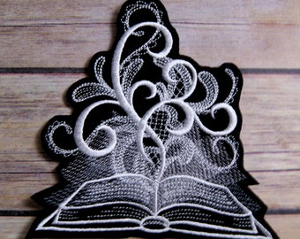 Ghost Book of Shadows White Baroque Iron On Embroidery Patch MTCoffinz - Choose Size