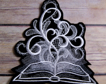 Fantasy Book Patch Ghost Book of Shadows Gift for Reader White Baroque Iron On Embroidery Patch - Choose Size