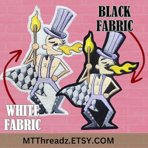 May include: Two embroidered iron-on patches of a cartoon character wearing a top hat and holding a flaming torch. The patches are shown on both white and black fabric.