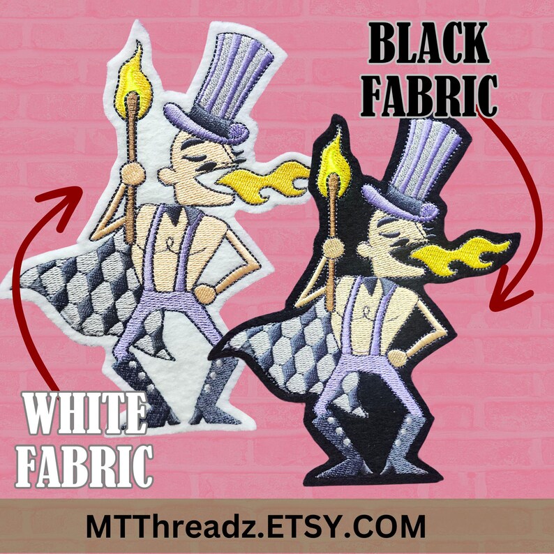 May include: Two embroidered iron-on patches of a cartoon character wearing a top hat and holding a flaming torch. The patches are shown on both white and black fabric.