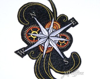 SteamPunk Compass Gears Iron On Embroidery Patch MTCoffinz (choose size)