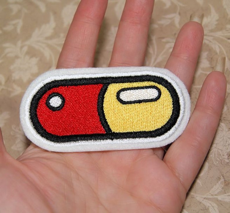Red Yellow Pill Capsule Iron On Embroidery Patch MTCoffinz image 2