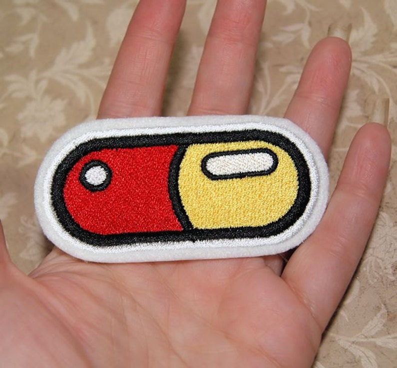 Red Yellow Pill Capsule Iron on Embroidery Patch Mtcoffinz - Etsy