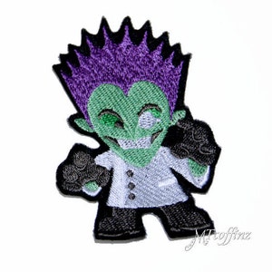 May include: An embroidered patch of a green cartoon character with purple hair, wearing a white lab coat and black pants. The character has one eye and is smiling.