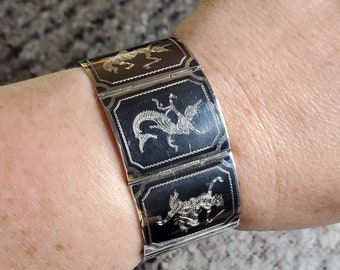 Vintage Sterling Silver Siam Niello, Hinged, Goddess Bracelet (st - 3462)