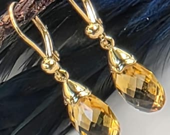 14K Yellow Gold Dangle Pineapple Cut Citrine Earrings (st - 4897)