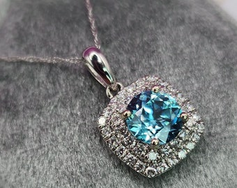 14K White Double Halo Blue Zircon Pendant (st - 4000)