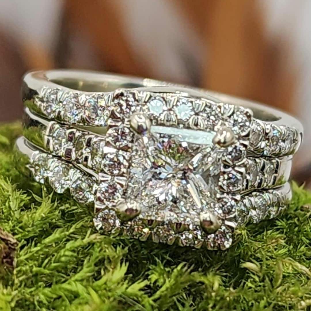 14K White Gold Wedding Set With Princess Cut Center (st - 4037) - Etsy