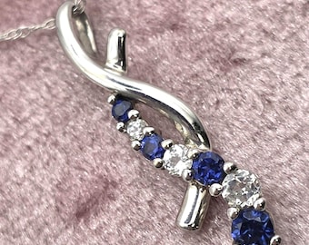 10K White Gold Lab  White and Blue Sapphire "Journey" Necklace (St - 4811)