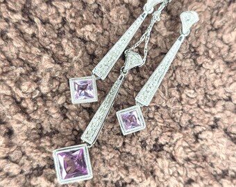 14K White Gold Lab Created Pink Sapphire Necklace and Earrings Set (st - 4665)