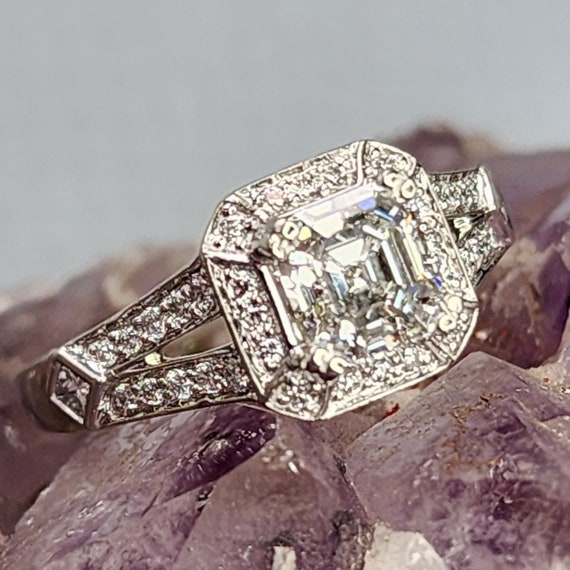 Platinum Diamond Square Halo Engagement Ring With… - image 2