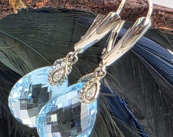 14K White Gold Dangle Pineapple Cut Blue Topaz Earrings (st - 4898)