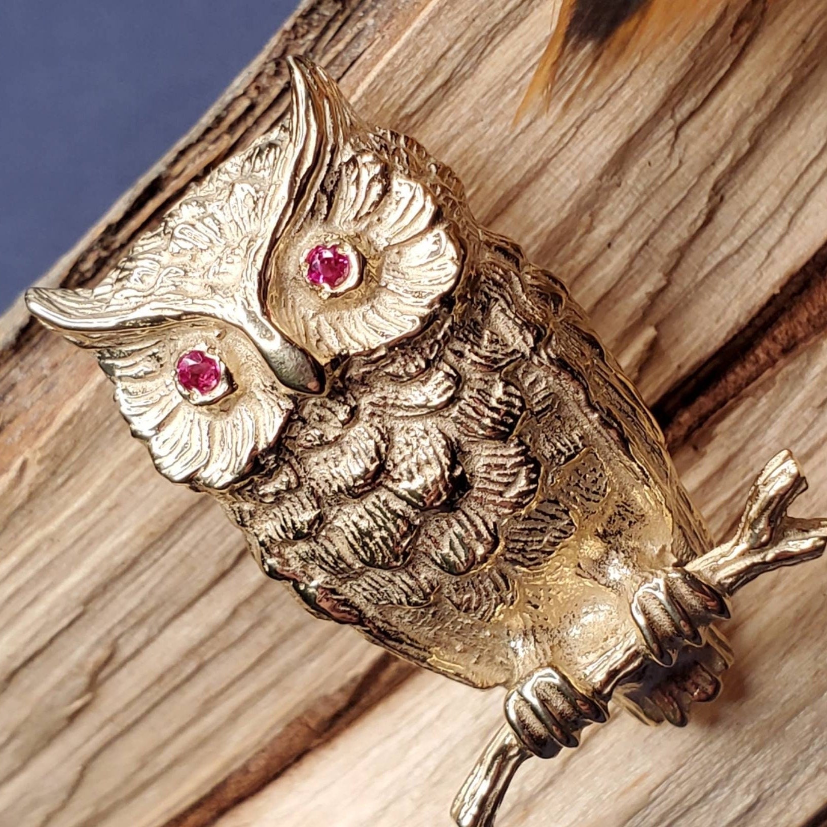 14K Yellow Gold Perched Owl Brooch With Ruby Eyes st 3409 Etsy