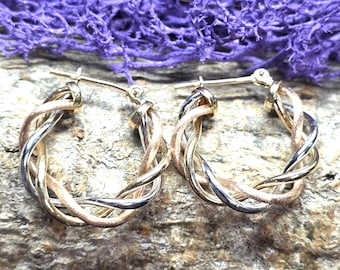 14K Tri-Tone White, Yellow and Rose Gold Twisted Hoop Earrings (st - 4678)