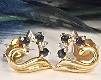 14K Gold Sapphire & Diamond Heart Earrings (st - 4900)