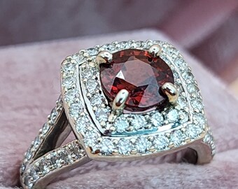 14K White Gold Double Halo Ring with a Hessonite Garnet Center Stone (st - 4024)