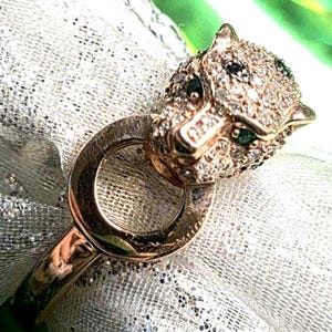 14K roségouden EFFY-panterring met smaragdgroene ogen en diamanten (st - 4742)