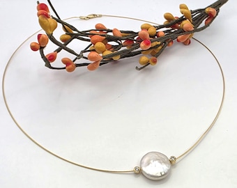 18K Yellow Gold Coin Pearl and diamond Necklace (st - 4855)