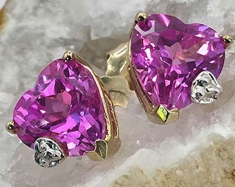 10K Yellow Gold Heart Shaped Pink Sapphire Earrings (st - 4932)