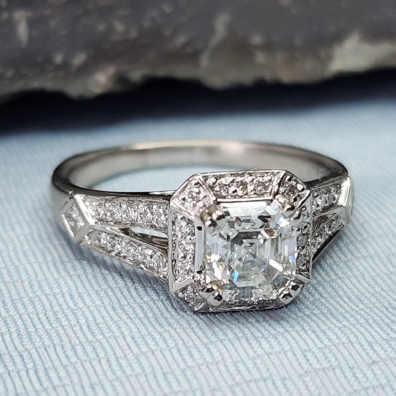 Platinum Diamond Square Halo Engagement Ring With… - image 4