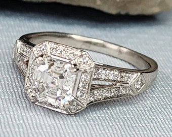 Platinum Diamond Square Halo Engagement Ring With Asscher Cut Center (st - 3709)