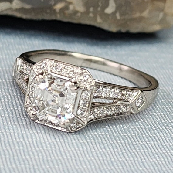 Platinum Diamond Square Halo Engagement Ring With… - image 1