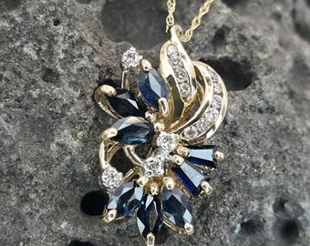 14K Yellow Gold Sapphire Diamond Cluster Necklace (st - 4969)
