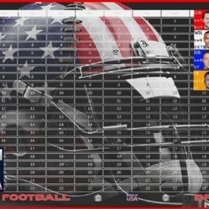 May include: A fantasy football draft board featuring a large, faded American flag-patterned football helmet graphic. The board includes a grid with numbered rows and columns, and a sidebar displaying player photos and names: Allen, St. Brown, McCaffrey, and McBride. A Made in USA logo is visible.