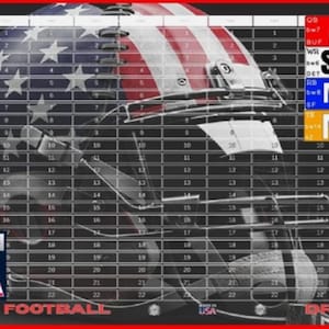 May include: A fantasy football draft board featuring a large American flag patterned football helmet graphic. The board includes a grid with numbers 1 through 22 and lists player names Allen, St. Brown, McCaffrey, and McBride with team details.