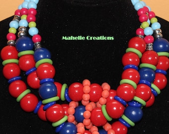 Handmade Big Chunky Necklace, Red Massive Necklace, Oversized Statement Necklace, Wood Bead Necklace, Multistring Necklace, Tribal Necklace