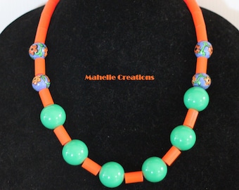 Handmade Neon Colors Necklace, Statement Necklace, Bold Necklace, Chunky Necklace, Colorful Beaded Necklace, Green Orange Necklace